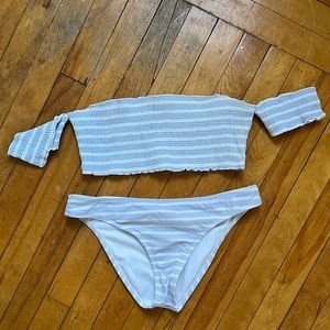 LA Hearts Striped Off the Shoulder Ruched Bikini with Sleeves